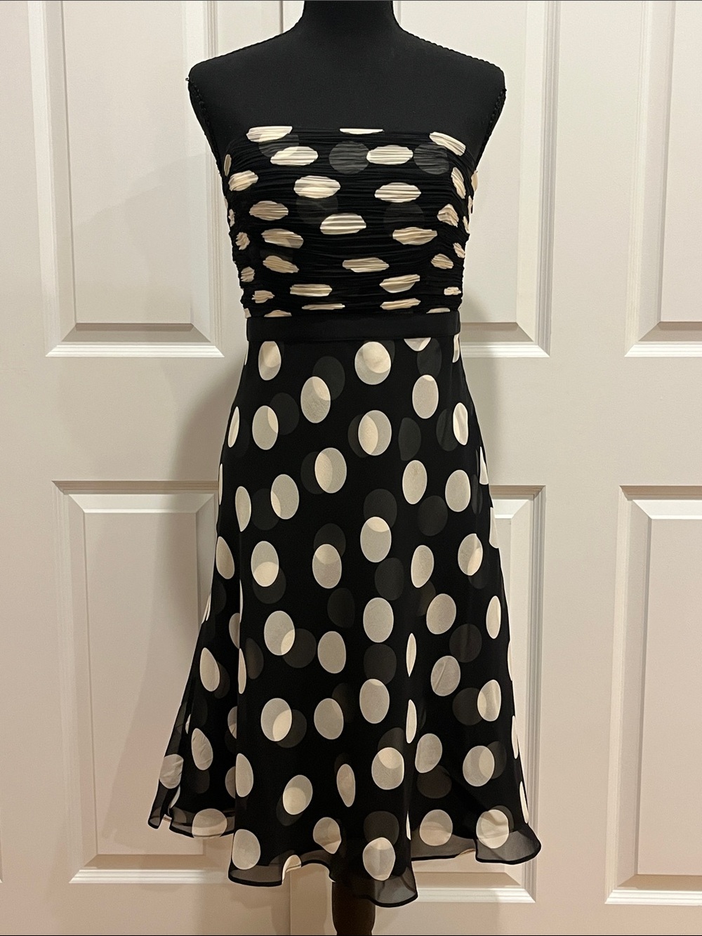Ann Taylor Black and Cream Strapless Polka Dot A-Line Dress